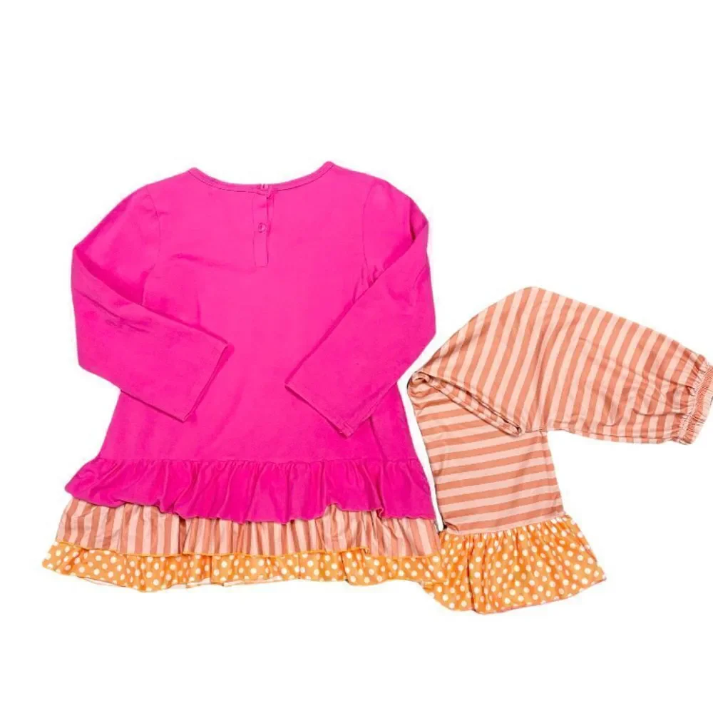 Angeline Pink & Orange Owl Ruffle Top & Bottom Set Size 8